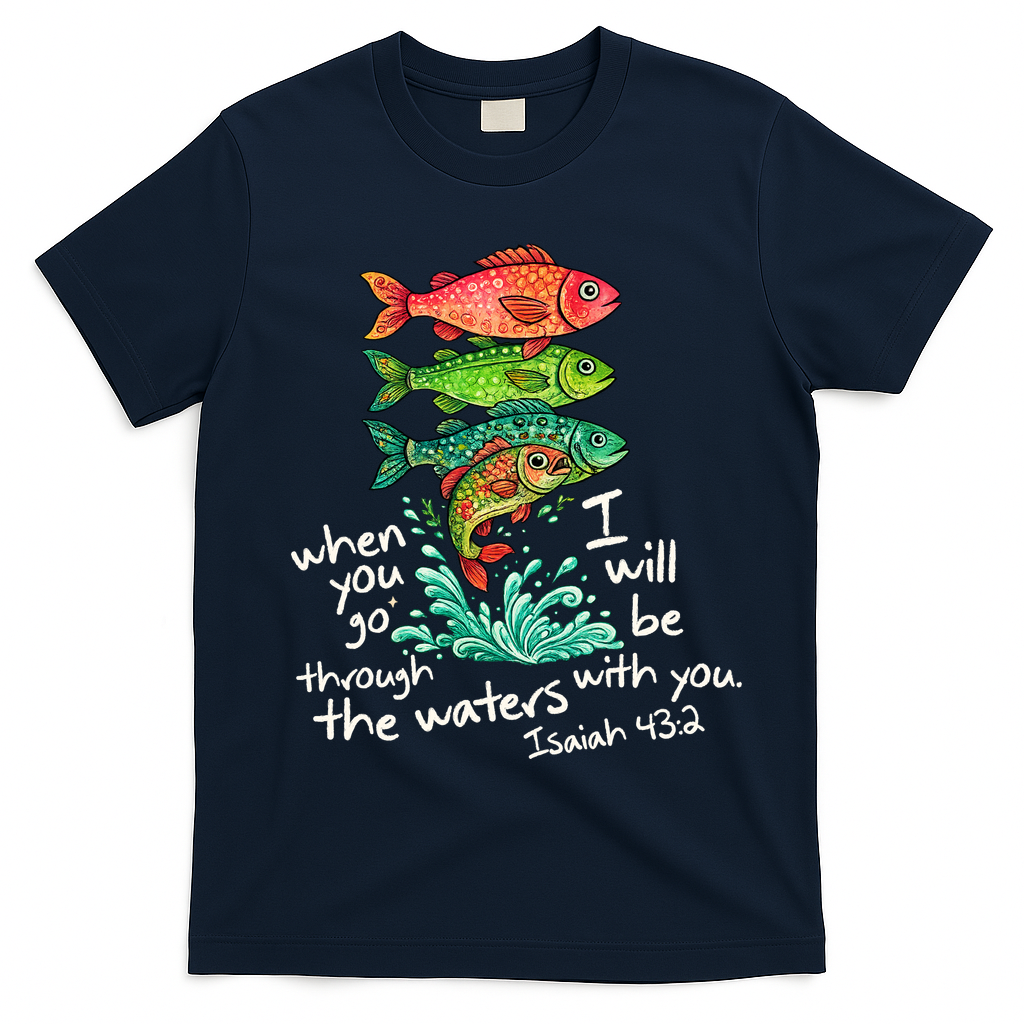 Sardines Isaiah 43:2 Scripture Faith Based Beach Fish Bible Verse T-Shirt - Navy Blue