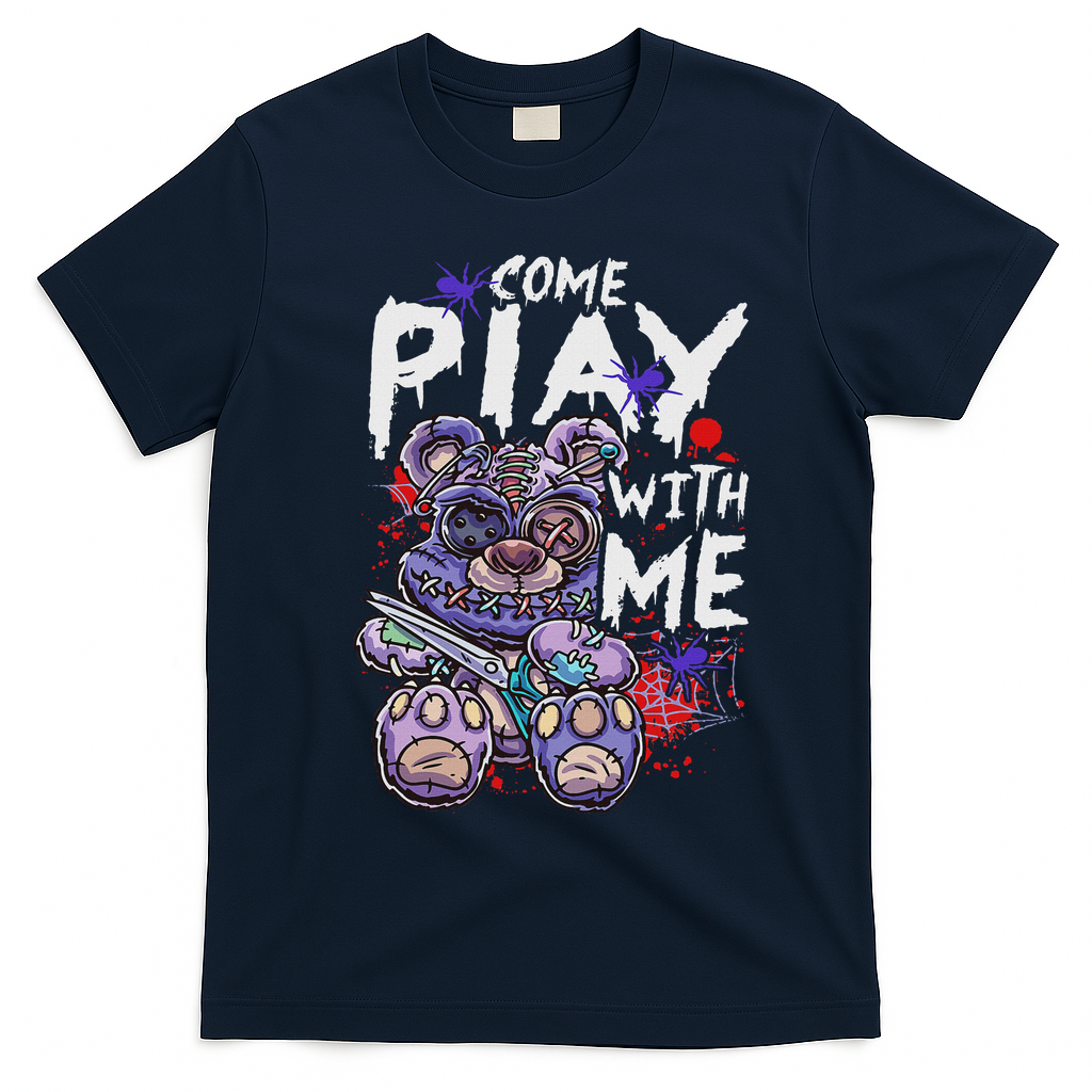 Scary Killer Teddy Bear Pastel Goth Style Creepy Kawaii T-Shirt - Navy Blue