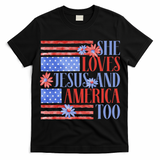 She Loves Jesus  America Too USA American Flag Daisy Flower T-Shirt