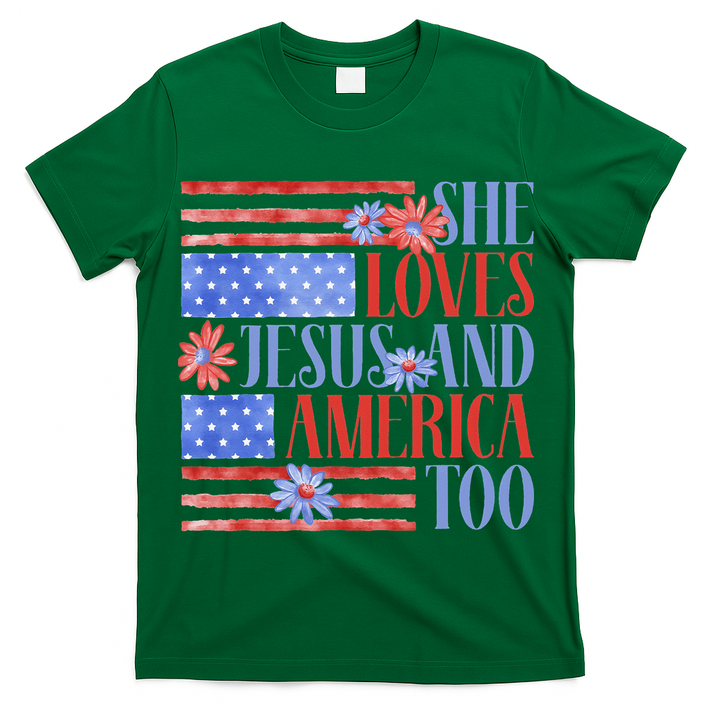 She Loves Jesus  America Too USA American Flag Daisy Flower T-Shirt