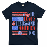 She Loves Jesus  America Too USA American Flag Daisy Flower T-Shirt