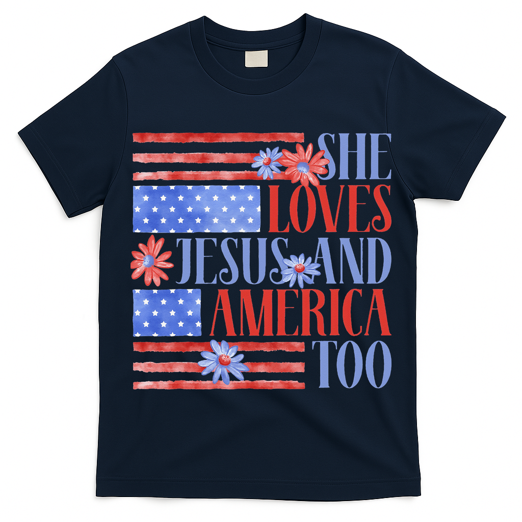 She Loves Jesus  America Too USA American Flag Daisy Flower T-Shirt
