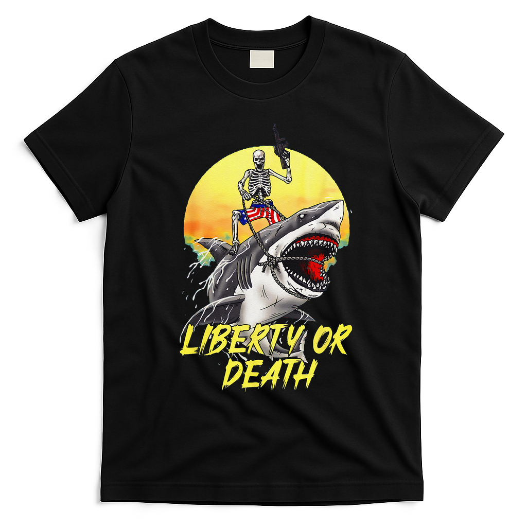 Skeleton Liberty Or Death Shark Halloween American Flag T-Shirt - Black