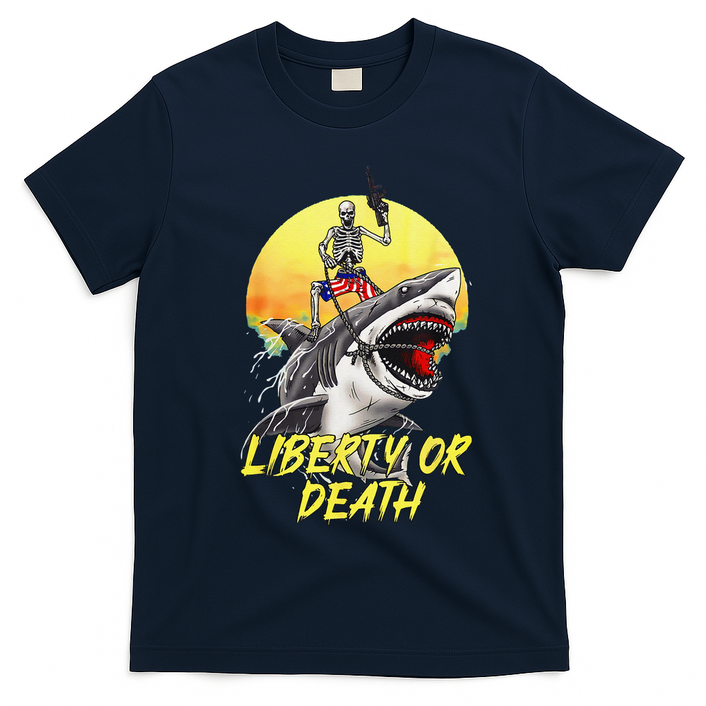 Skeleton Liberty Or Death Shark Halloween American Flag T-Shirt - Navy Blue