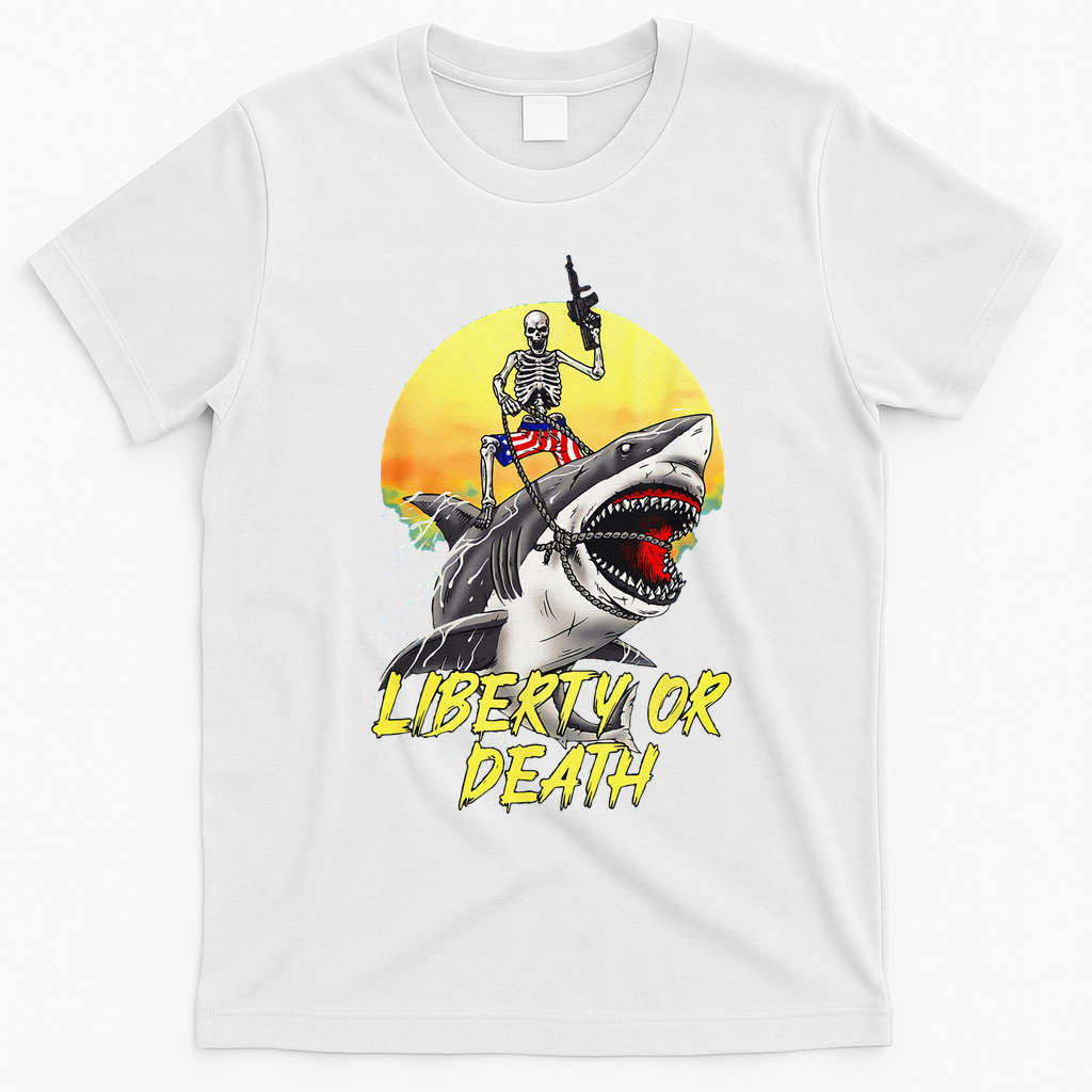 Skeleton Liberty Or Death Shark Halloween American Flag T-Shirt - White