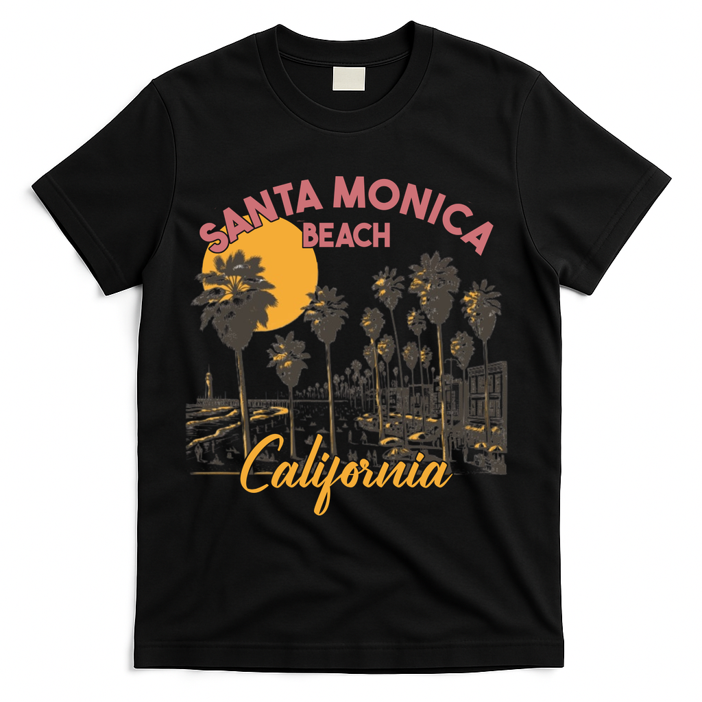Santa Monica Beach California Summer Sunset Retro T-Shirt - Black