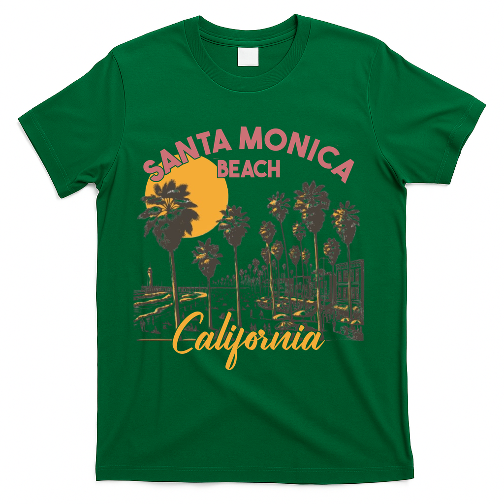 Santa Monica Beach California Summer Sunset Retro T-Shirt - Green