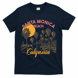 Santa Monica Beach California Summer Sunset Retro T-Shirt - Navy