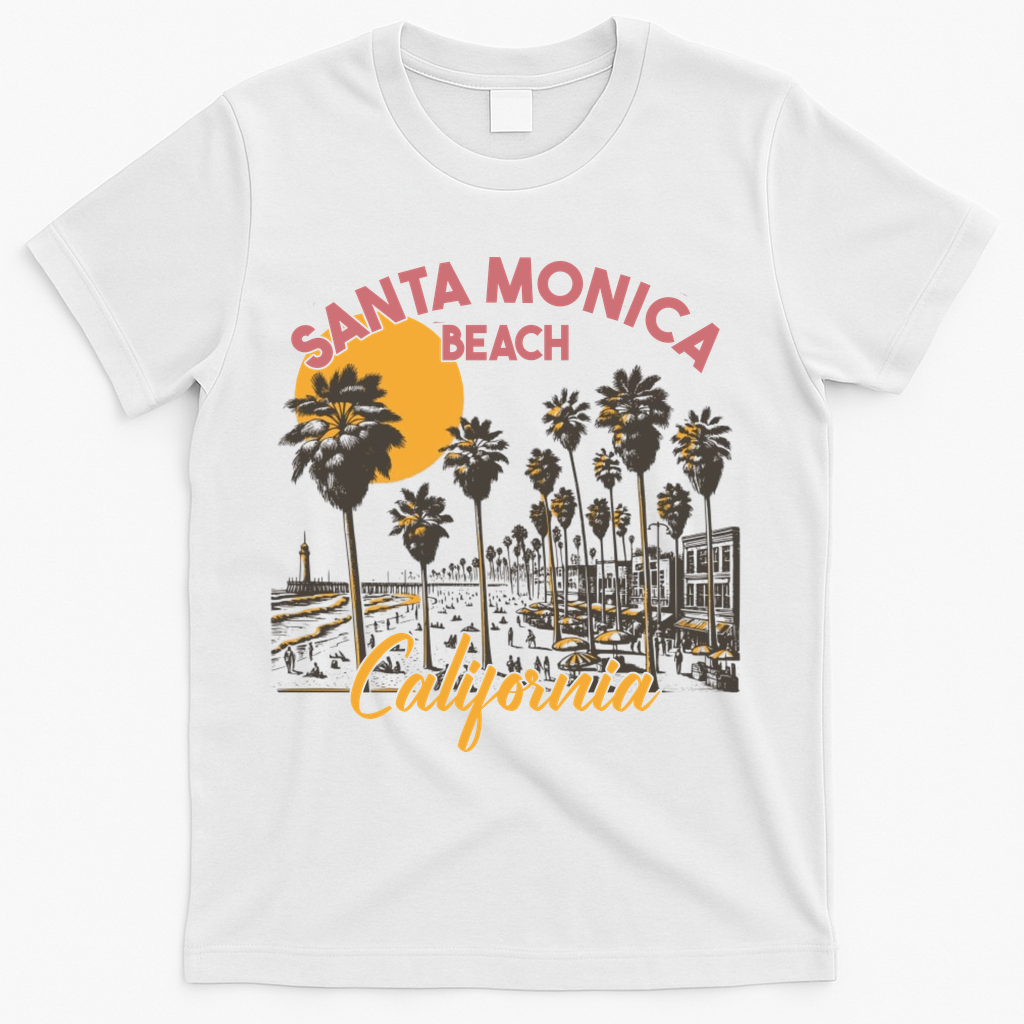Santa Monica Beach California Summer Sunset Retro T-Shirt - White