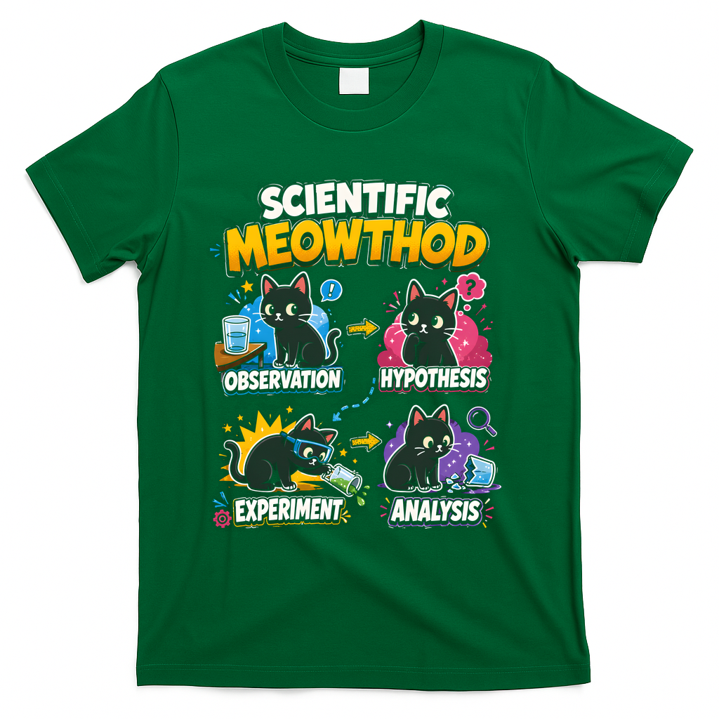 Scientific Meowthod Cat Themed Educational Fun T-Shirt - Green