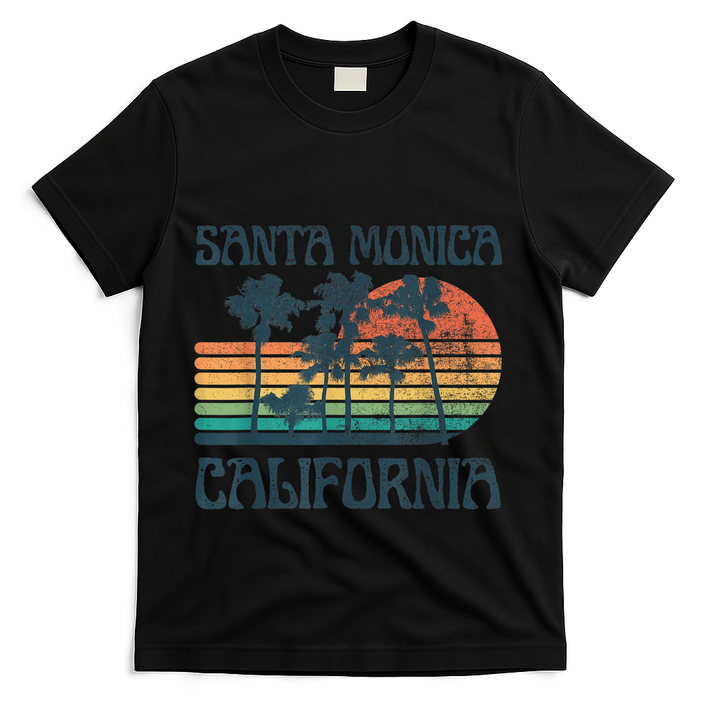 Santa Monica California Beach Summer Vacation Vintage T-Shirt - Black