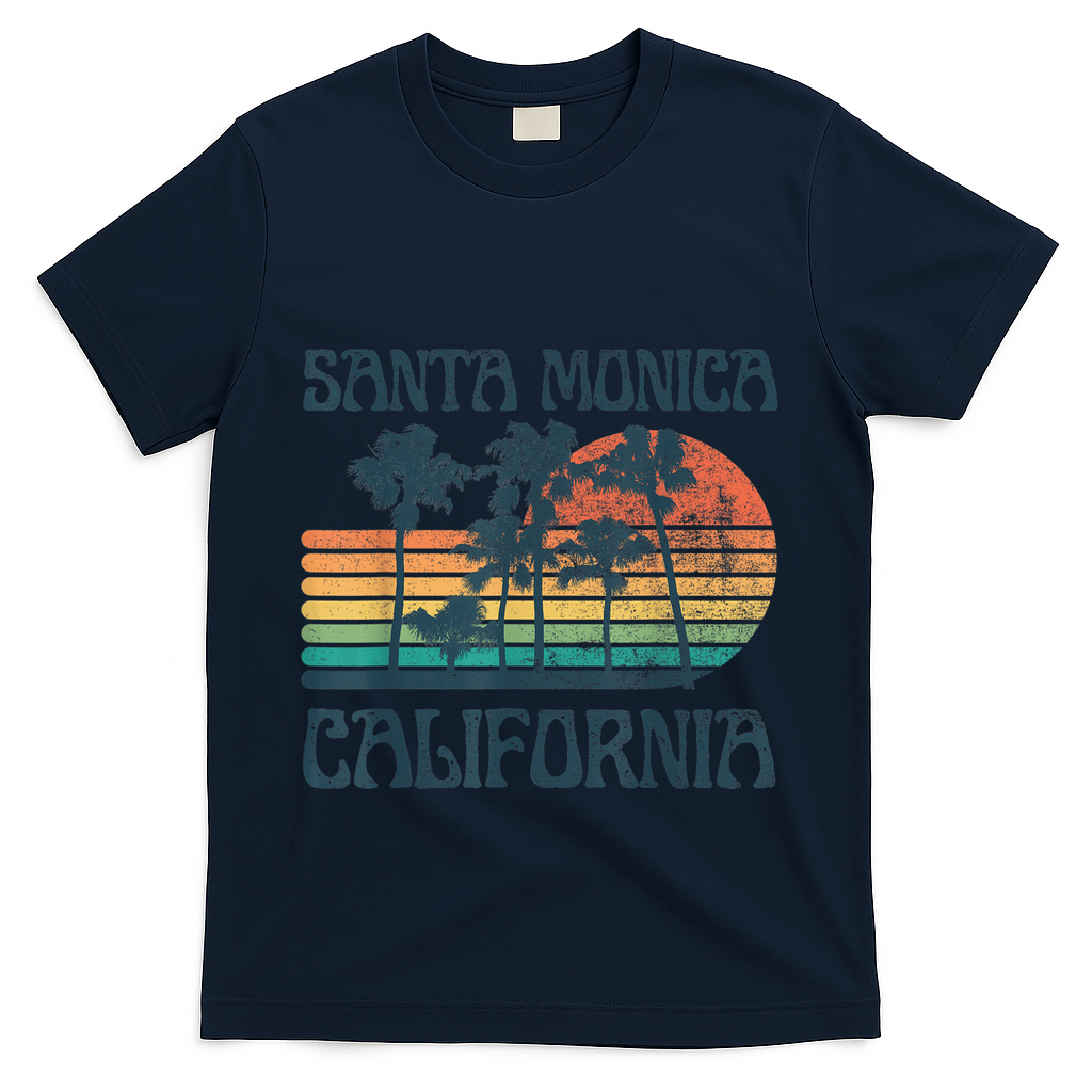 Santa Monica California Beach Summer Vacation Vintage T-Shirt - Navy