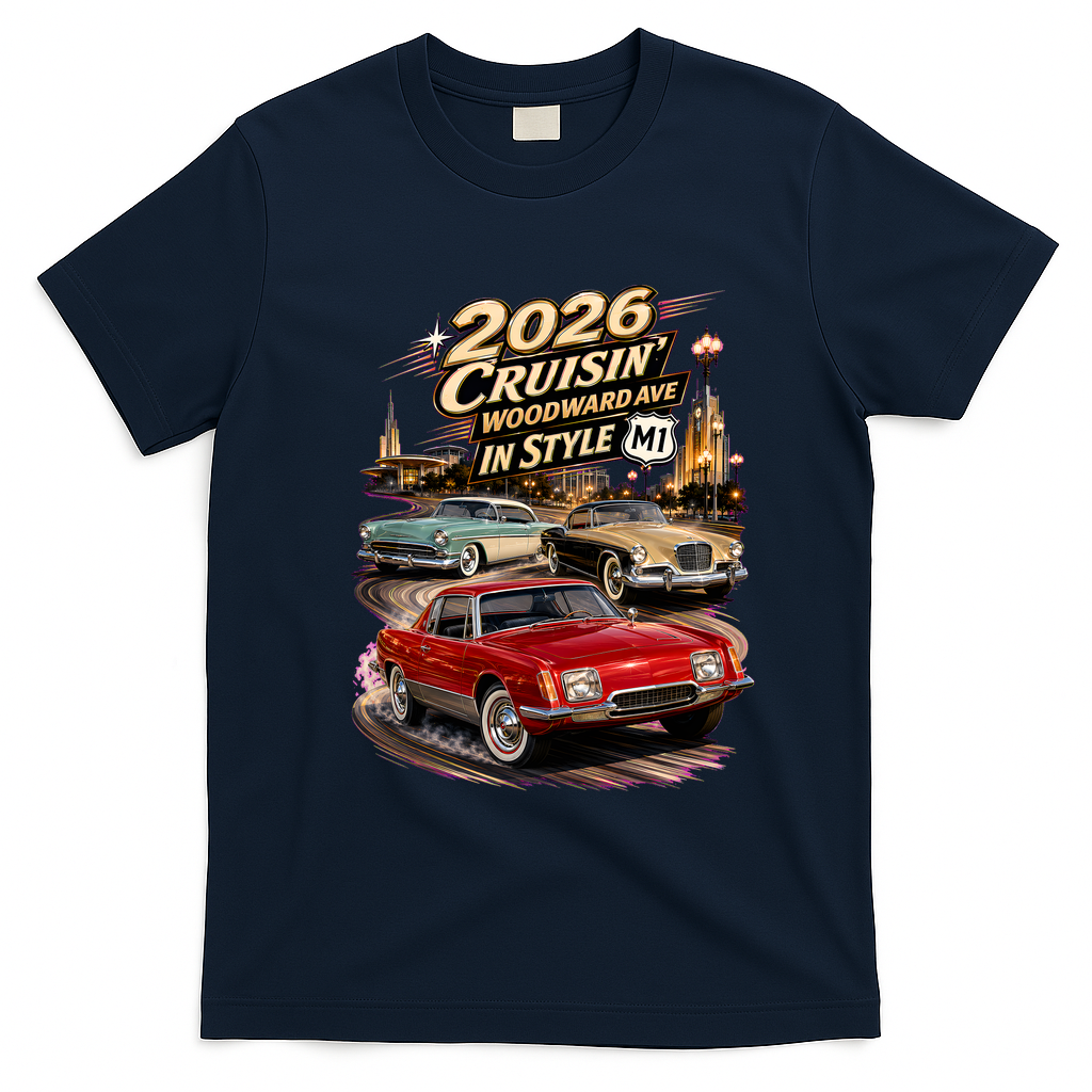 Studebaker Originals Cruise Woodward 2026 T-Shirt - Navy Blue