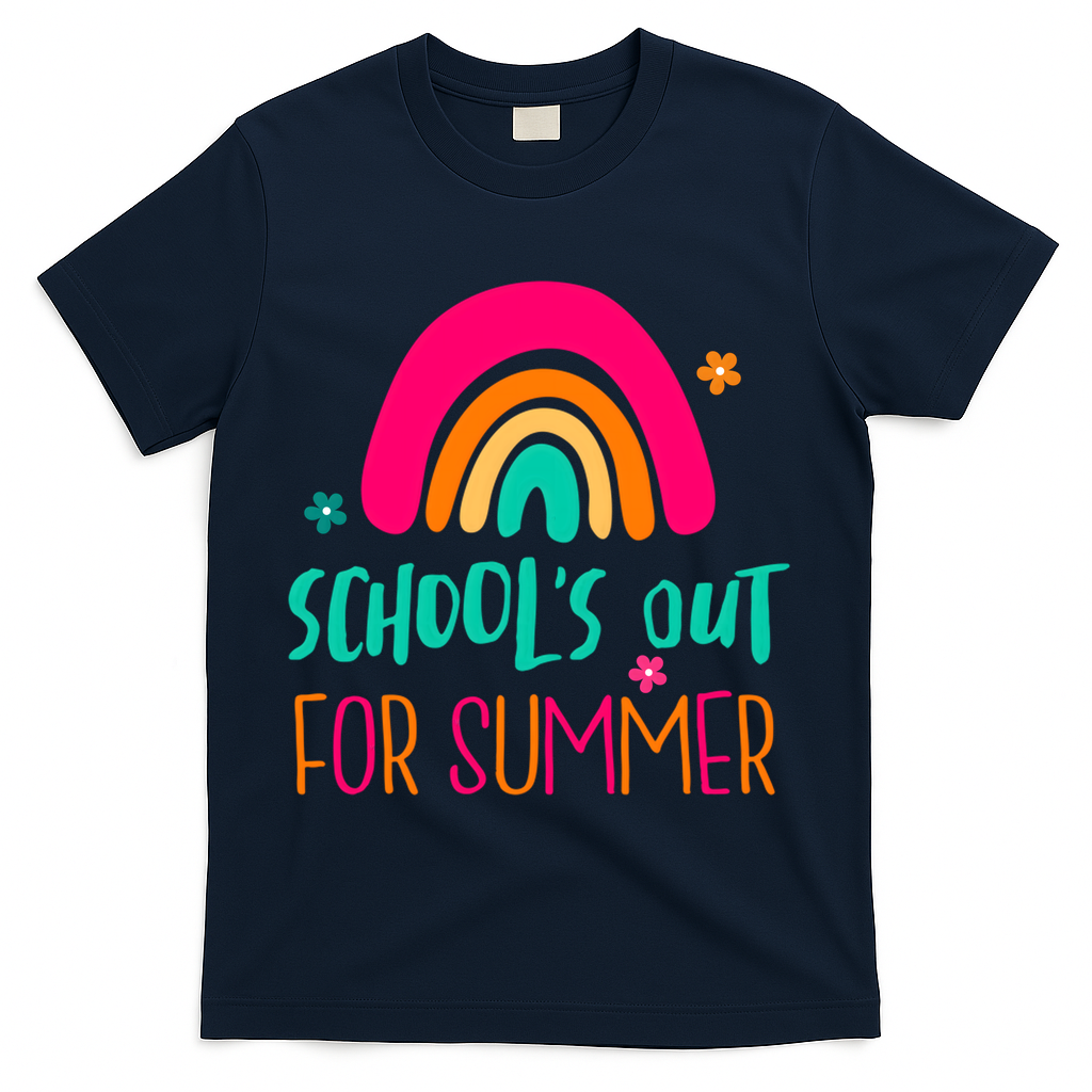 Schools Out For Summer Cute Rainbow T-Shirt - Navy