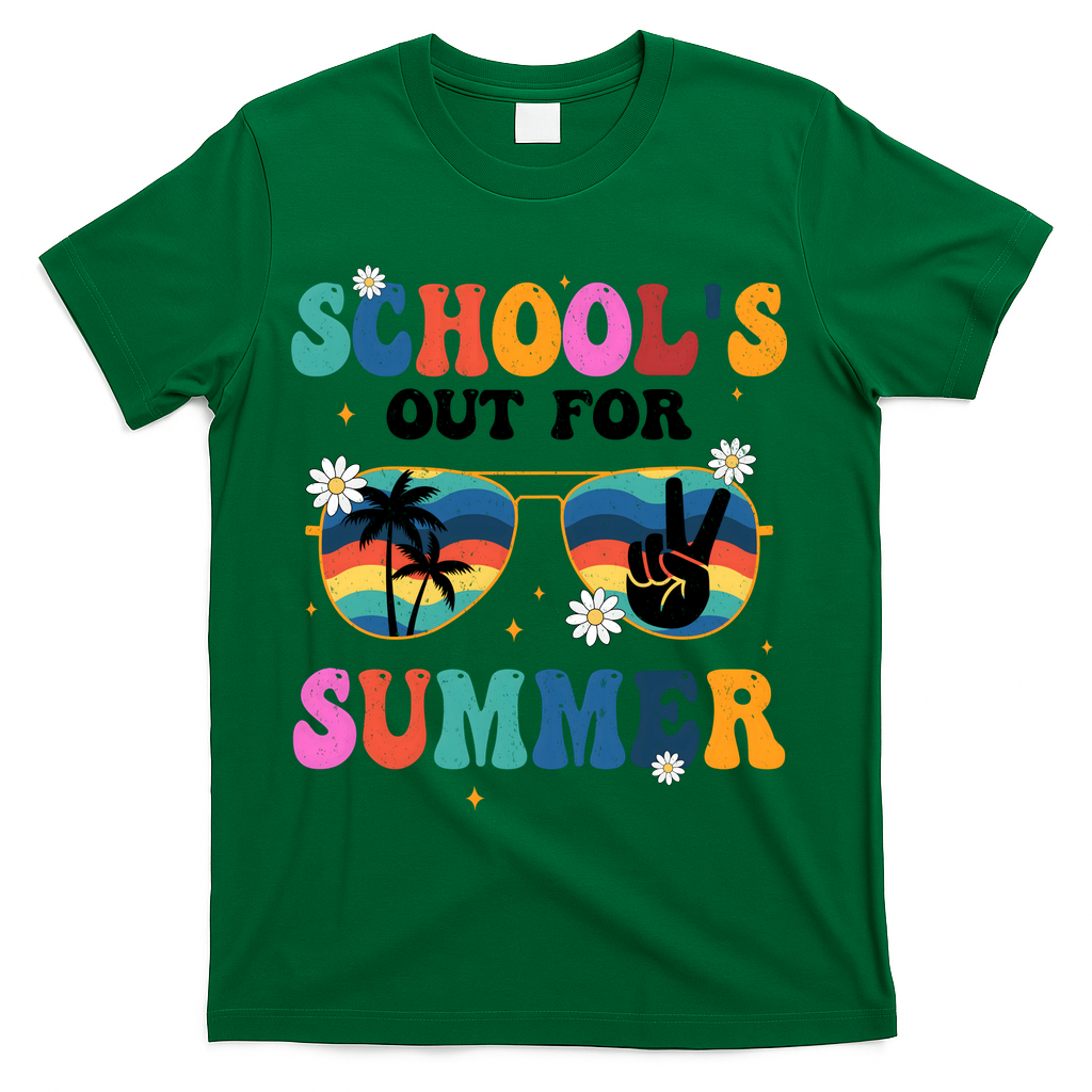 Schools Out For Summer Hippie Retro T-Shirt - Green