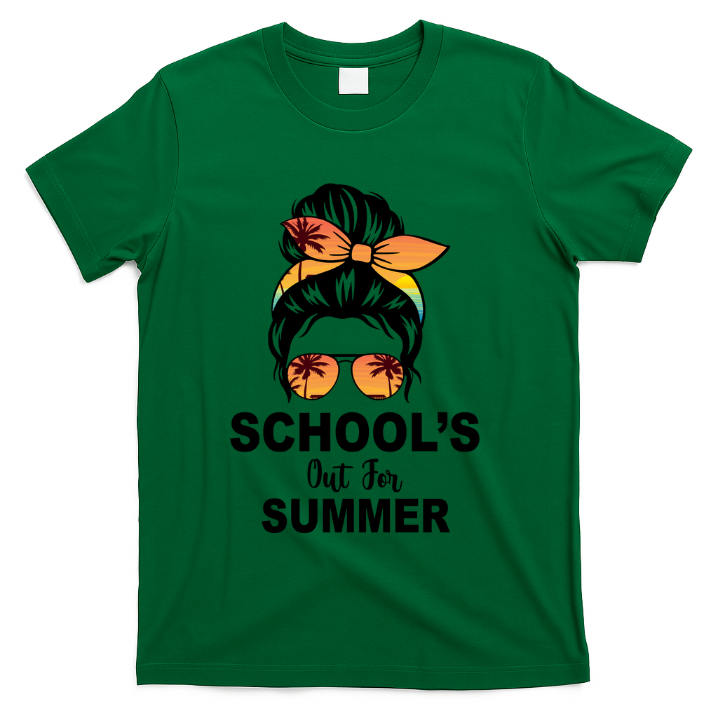 Schools Out For Summer Female Bun Sunglass T-Shirt - Green