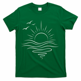 Sun Ocean Linear Graphic Boho Summer Beach T-Shirt - Green