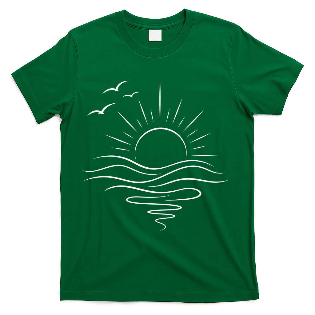 Sun Ocean Linear Graphic Boho Summer Beach T-Shirt - Green