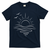 Sun Ocean Linear Graphic Boho Summer Beach T-Shirt - Navy