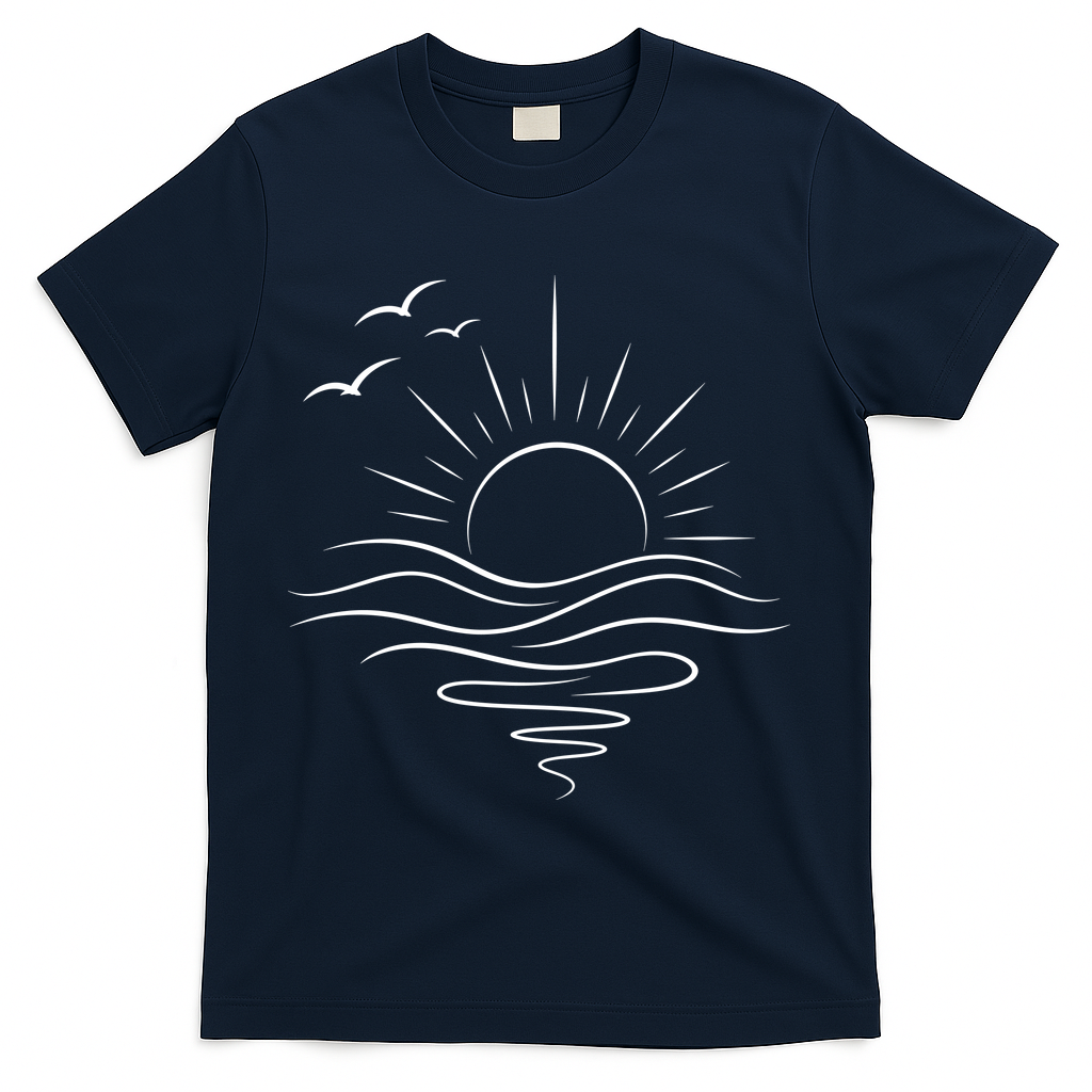Sun Ocean Linear Graphic Boho Summer Beach T-Shirt - Navy