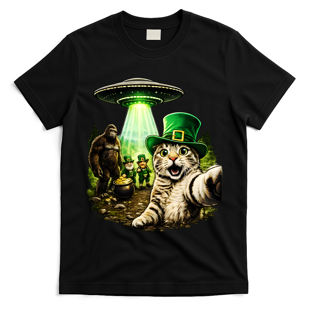 St Patricks Day Cat Selfie Leprechaun Bigfoot UFO T-Shirt