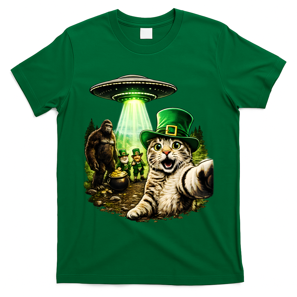 St Patricks Day Cat Selfie Leprechaun Bigfoot UFO T-Shirt