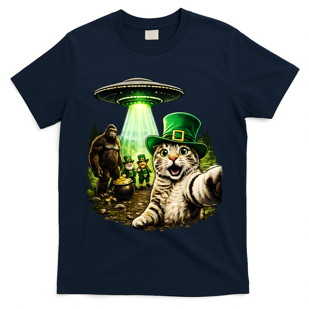 St Patricks Day Cat Selfie Leprechaun Bigfoot UFO T-Shirt