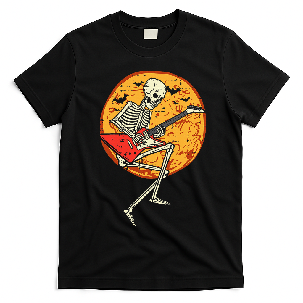 Skeleton Playing Guitar Rock Moon Halloween Music T-Shirt - Black
