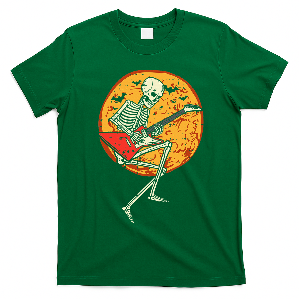 Skeleton Playing Guitar Rock Moon Halloween Music T-Shirt - Irish Green