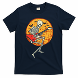 Skeleton Playing Guitar Rock Moon Halloween Music T-Shirt - Navy Blue