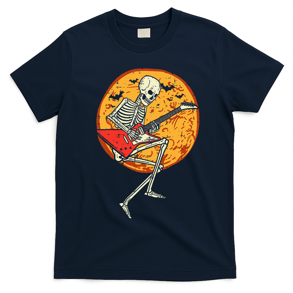 Skeleton Playing Guitar Rock Moon Halloween Music T-Shirt - Navy Blue