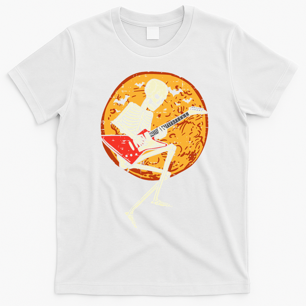 Skeleton Playing Guitar Rock Moon Halloween Music T-Shirt - White