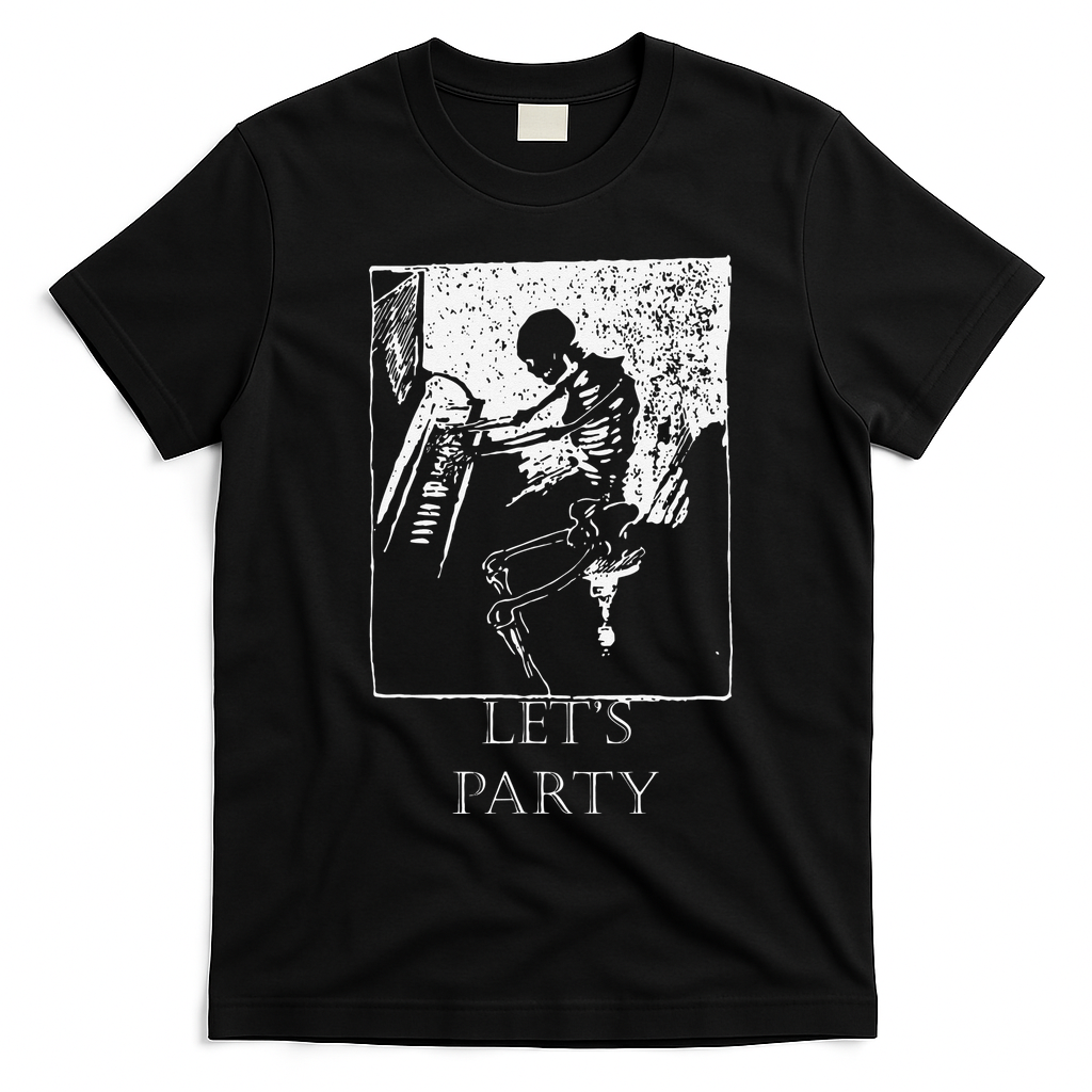 Skeleton Playing Piano Lets Party Halloween T-Shirt - Black