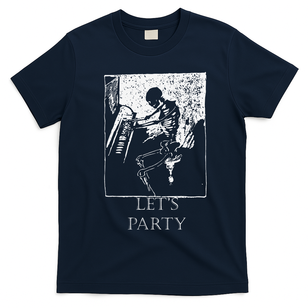 Skeleton Playing Piano Lets Party Halloween T-Shirt - Navy Blue