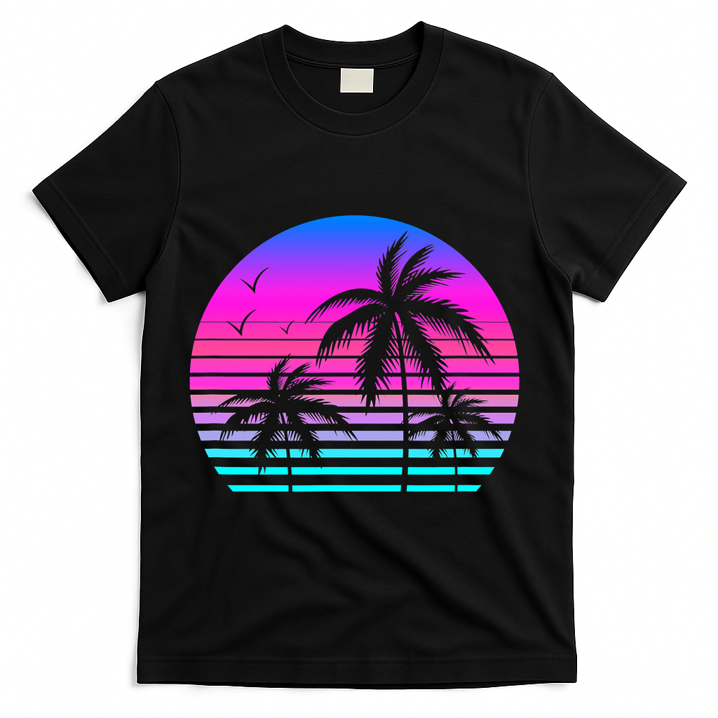 Sunset Palm Tree Cool Summer Vacation Style Vaporwave T-Shirt - Black