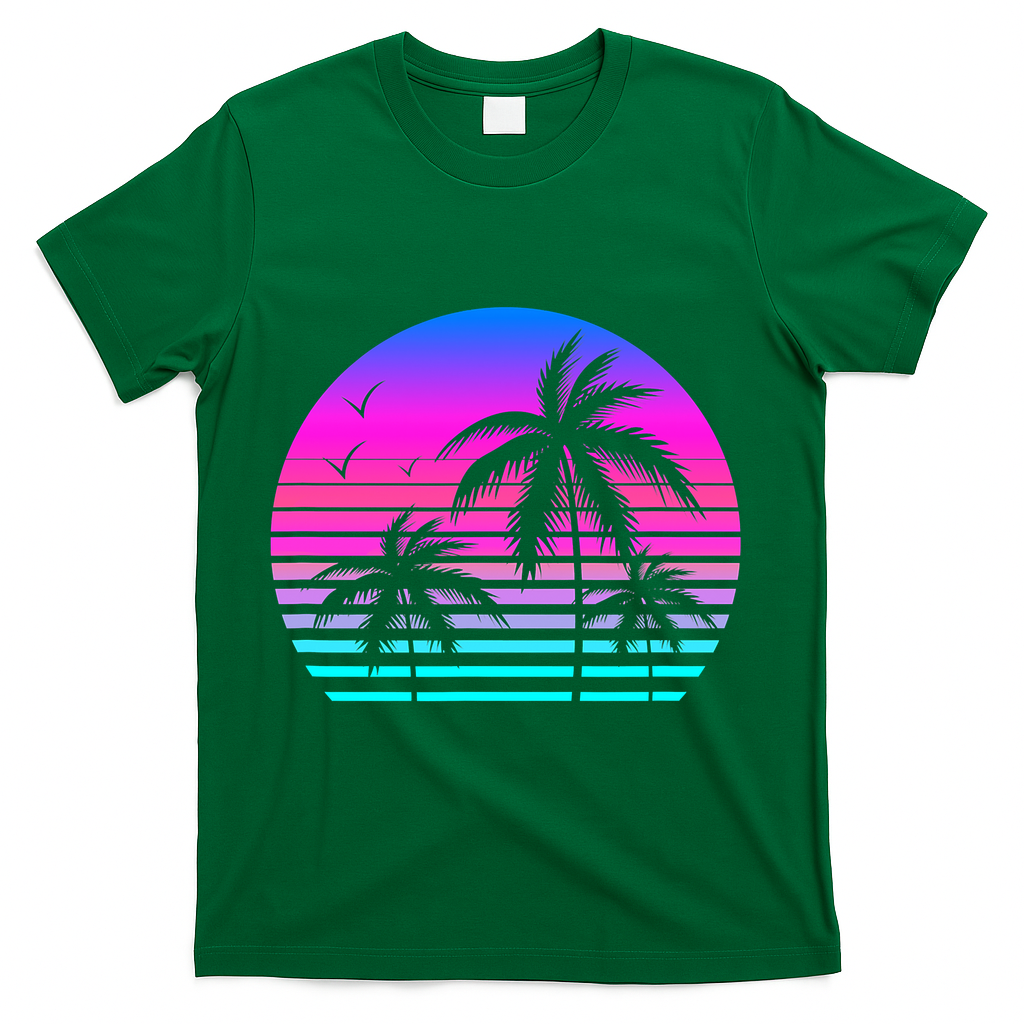 Sunset Palm Tree Cool Summer Vacation Style Vaporwave T-Shirt - Green