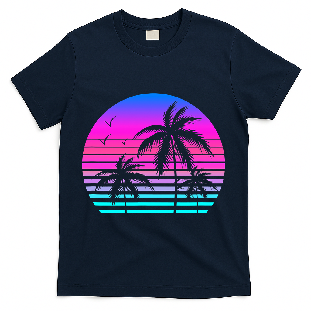 Sunset Palm Tree Cool Summer Vacation Style Vaporwave T-Shirt - Navy