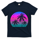 Sunset Palm Tree Cool Summer Vacation Style Vaporwave T-Shirt - Navy