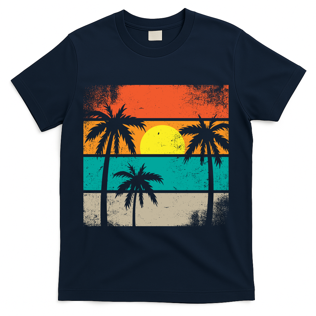 Summer Retro Palm Trees Tropical T-Shirt - Navy