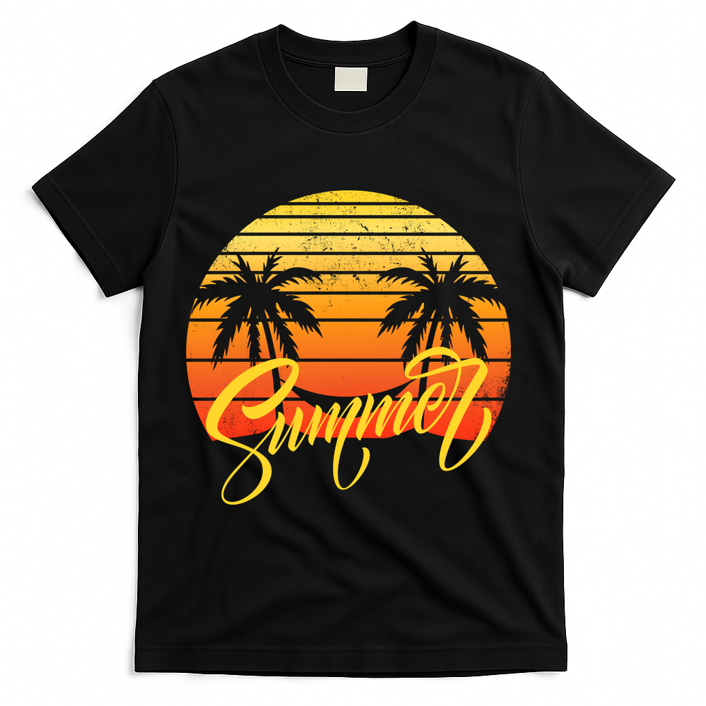Summer Retro Sunset Tropical T-Shirt - Black