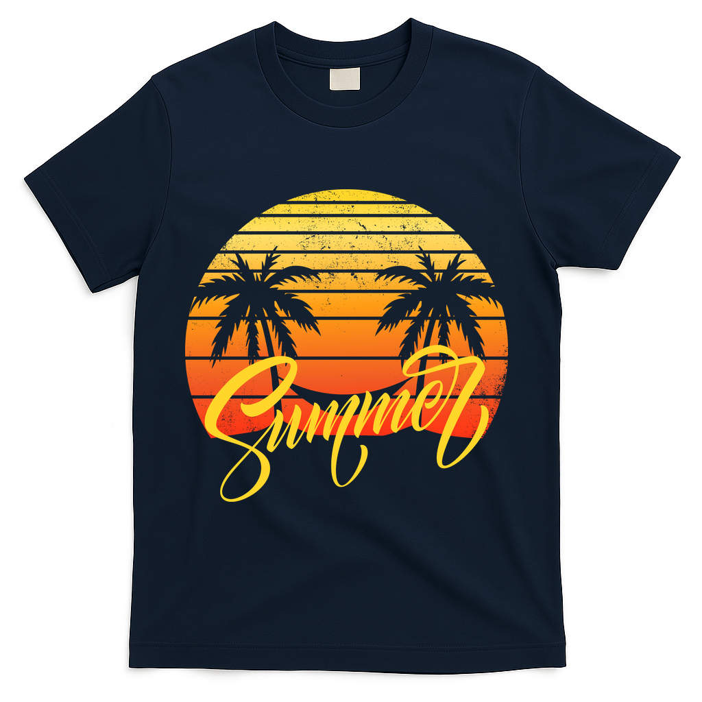 Summer Retro Sunset Tropical T-Shirt - Navy