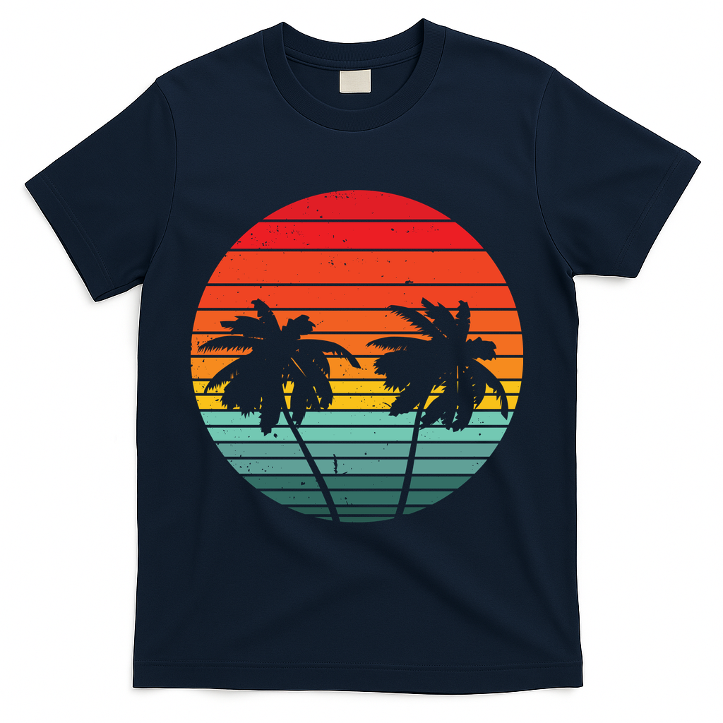 Summer Retro Tropical Sunset T-Shirt - Navy
