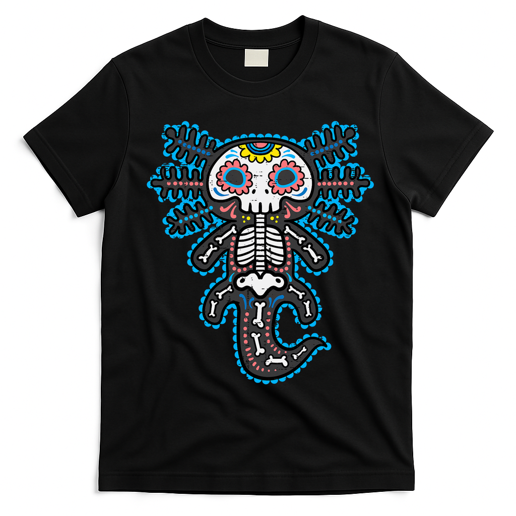 Sugar Skull Axolotl Skeleton Halloween Dia De Los Muertos  T-Shirt - Black