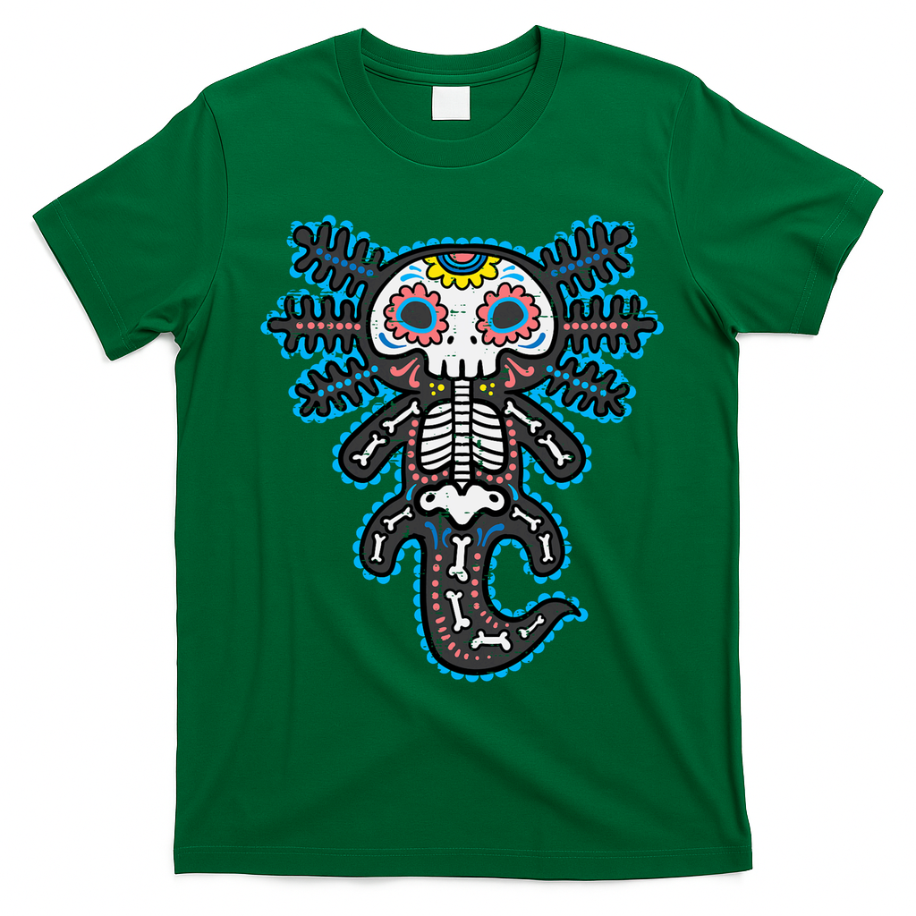 Sugar Skull Axolotl Skeleton Halloween Dia De Los Muertos  T-Shirt - Irish Green