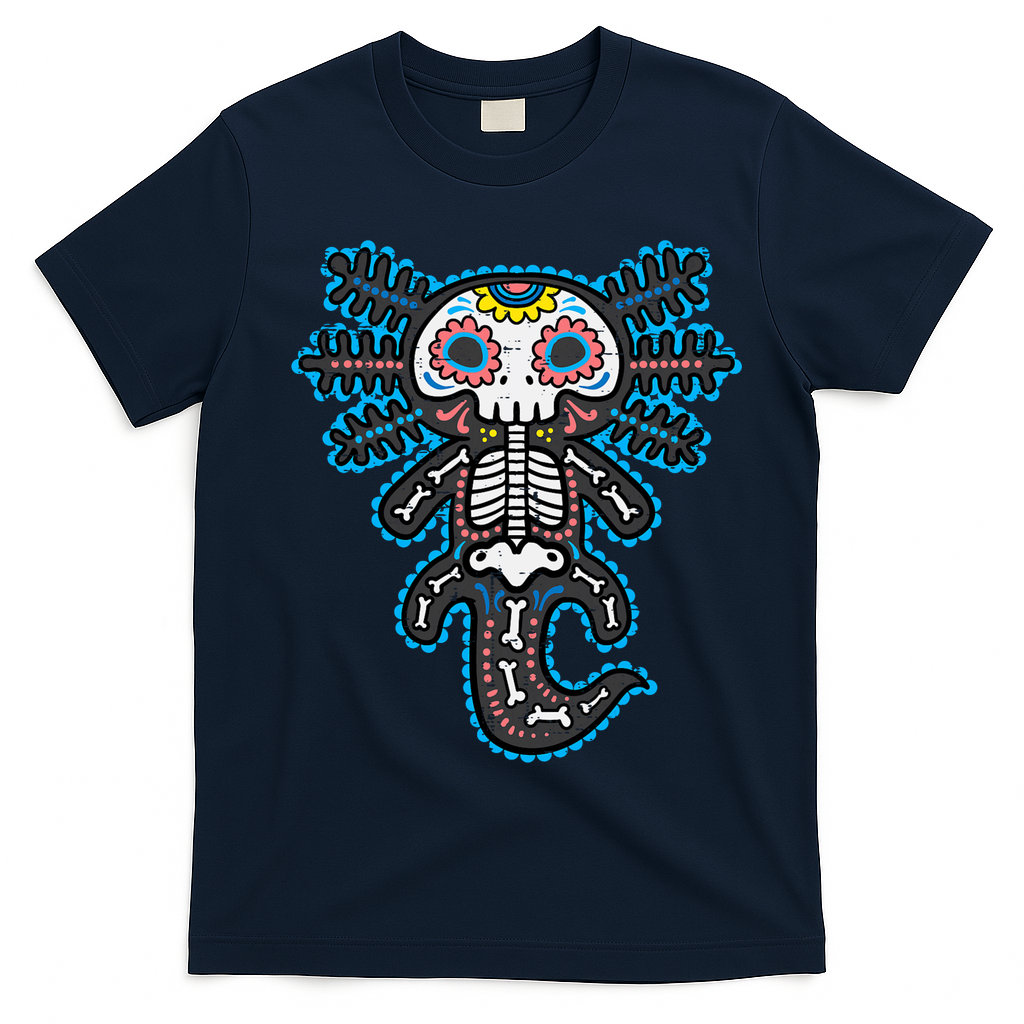 Sugar Skull Axolotl Skeleton Halloween Dia De Los Muertos  T-Shirt - Navy Blue