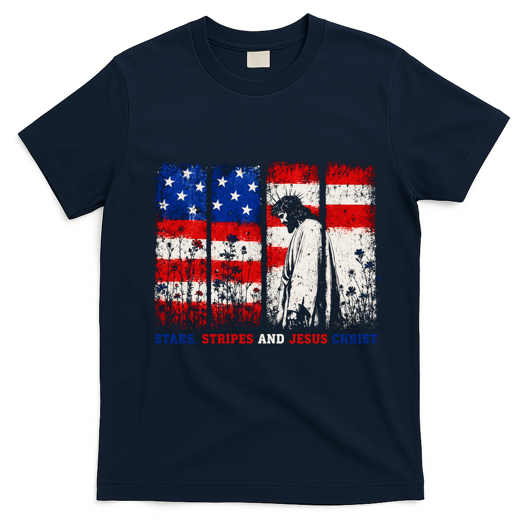 Stars Stripes And Jesus Christ Patriotic T-Shirt - Navy Blue