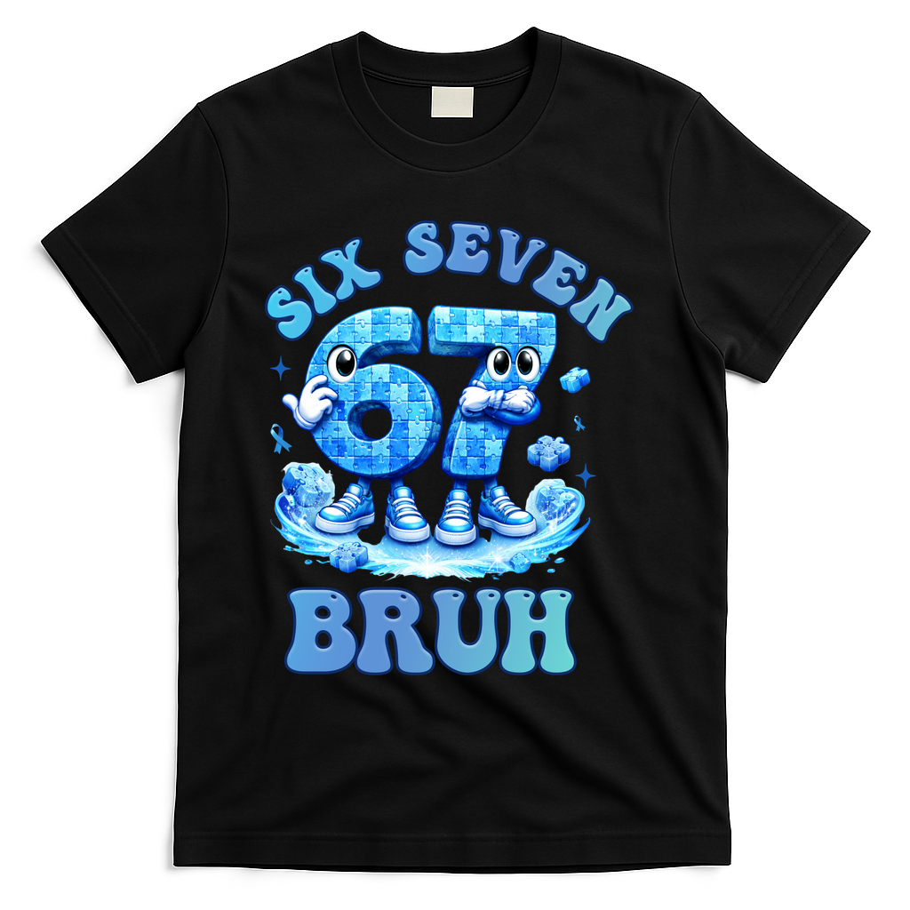 Six Seven Bruh 67 Autism Puzzle 6-7 Brainrot Meme T-Shirt - Black
