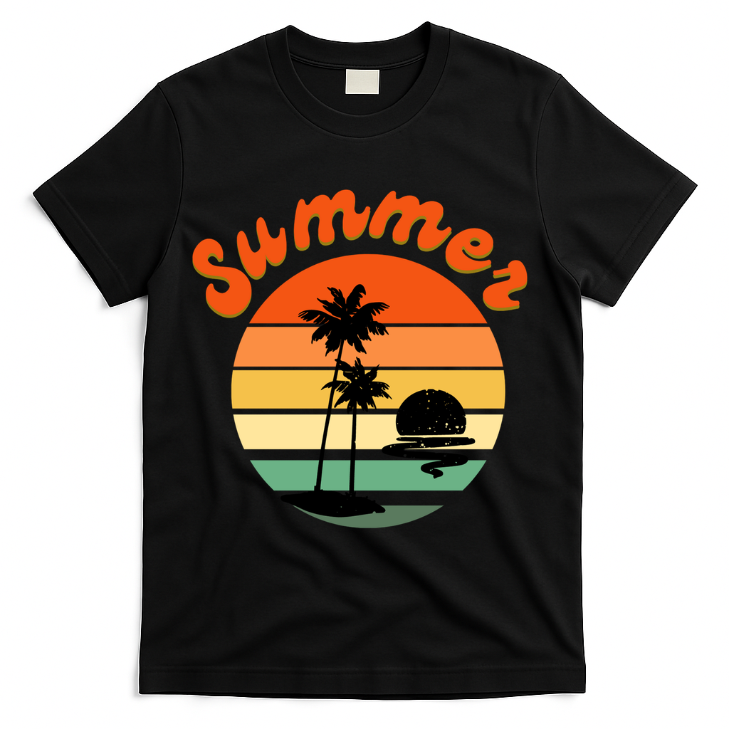 Summer Sunset Beach Retro Vacation T-Shirt - Black