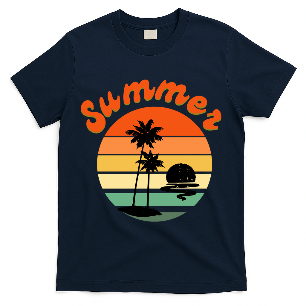 Summer Sunset Beach Retro Vacation T-Shirt - Navy
