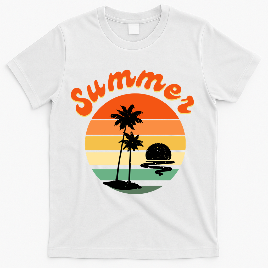 Summer Sunset Beach Retro Vacation T-Shirt - White